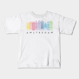 Facades of old canal houses from Amsterdam City rainbow color illustration Kids T-Shirt